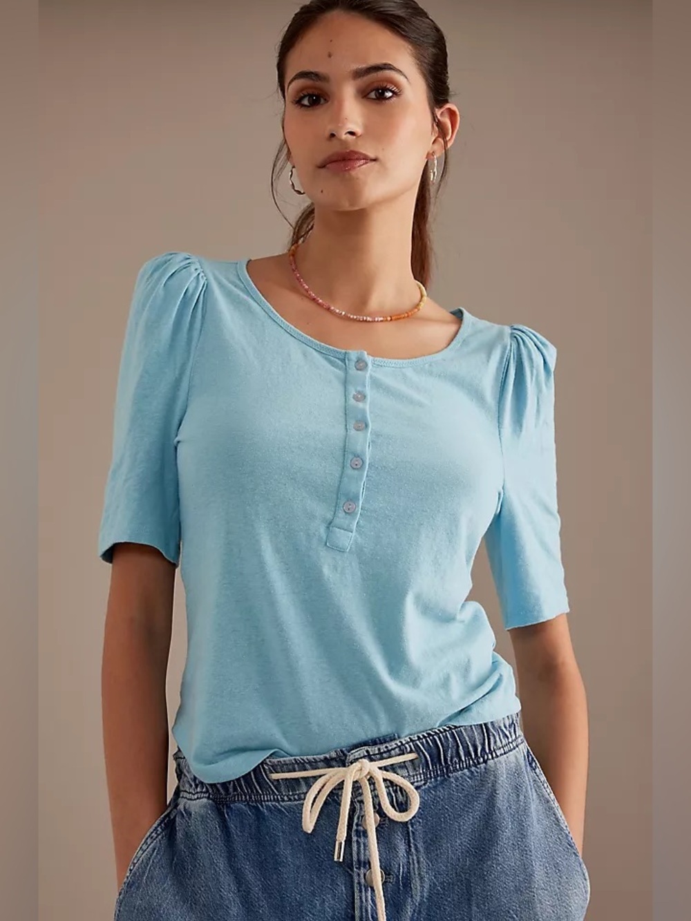 By Anthropologie Puff-Sleeve Henley Top in Blue Size Small